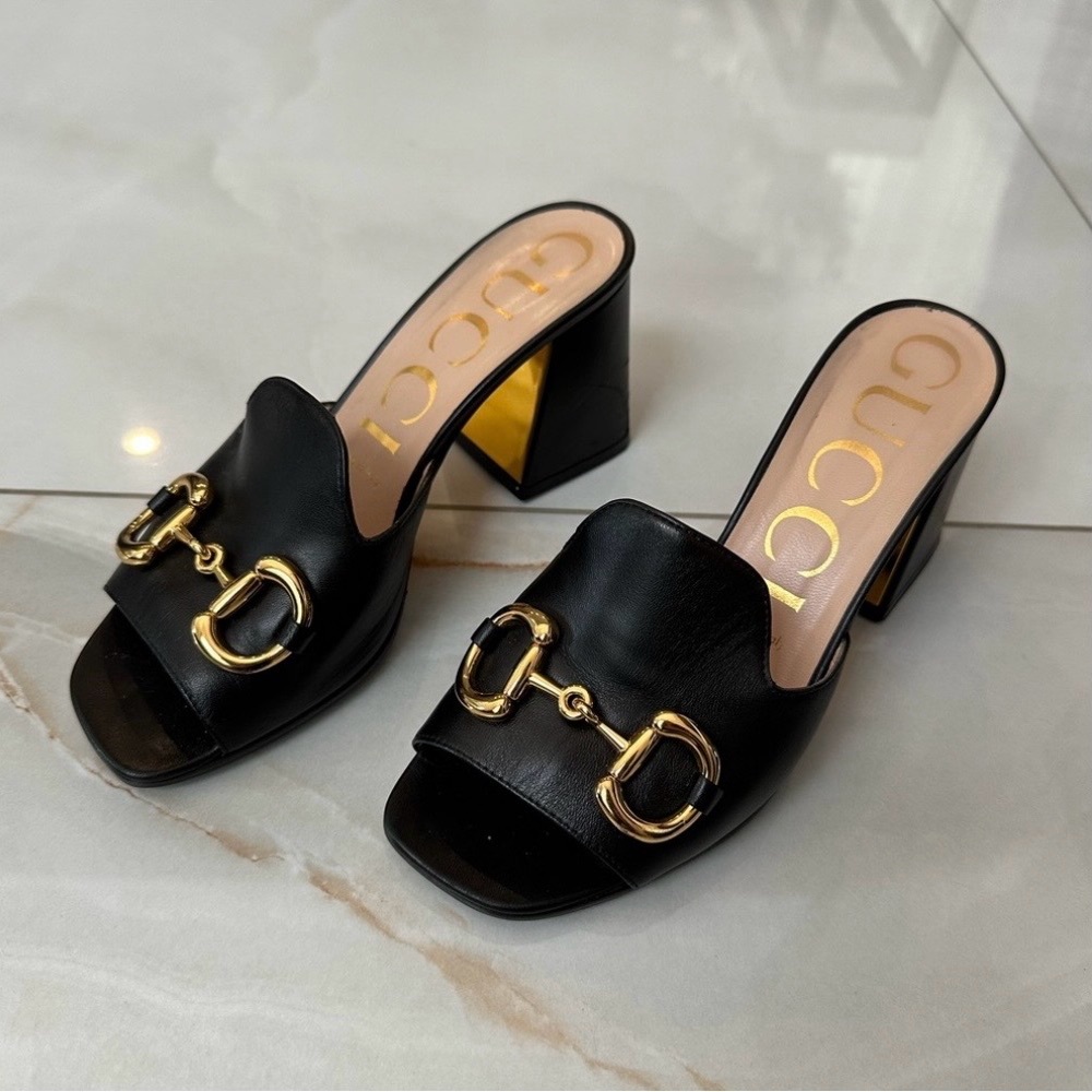 Gucci Black Leather Gold Horsebit Block Heel Mules